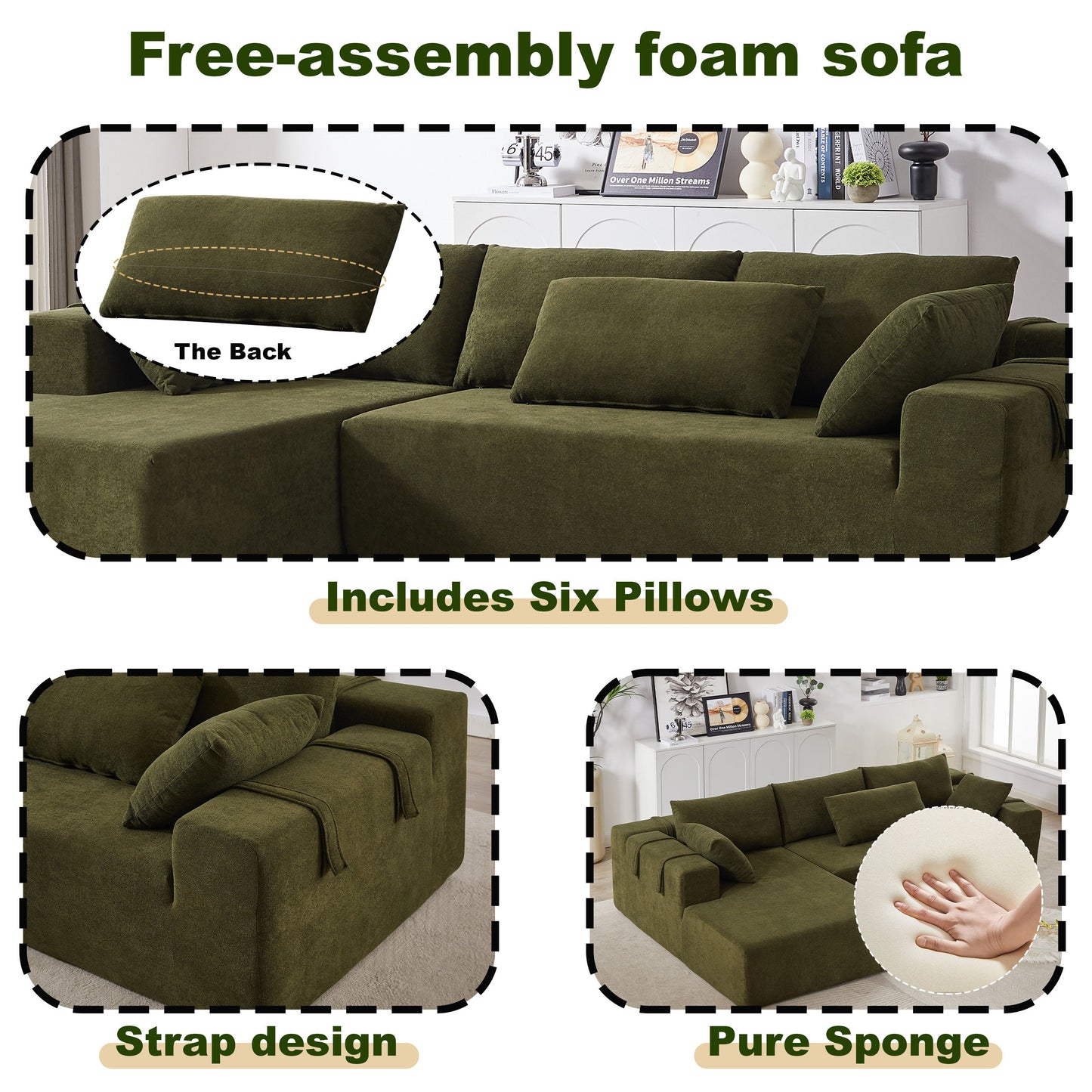 NEW Modern Chenille Upholstered Modular 108' L Shaped Sectional Free Combination Sofa Couch Set (Right Chaise)