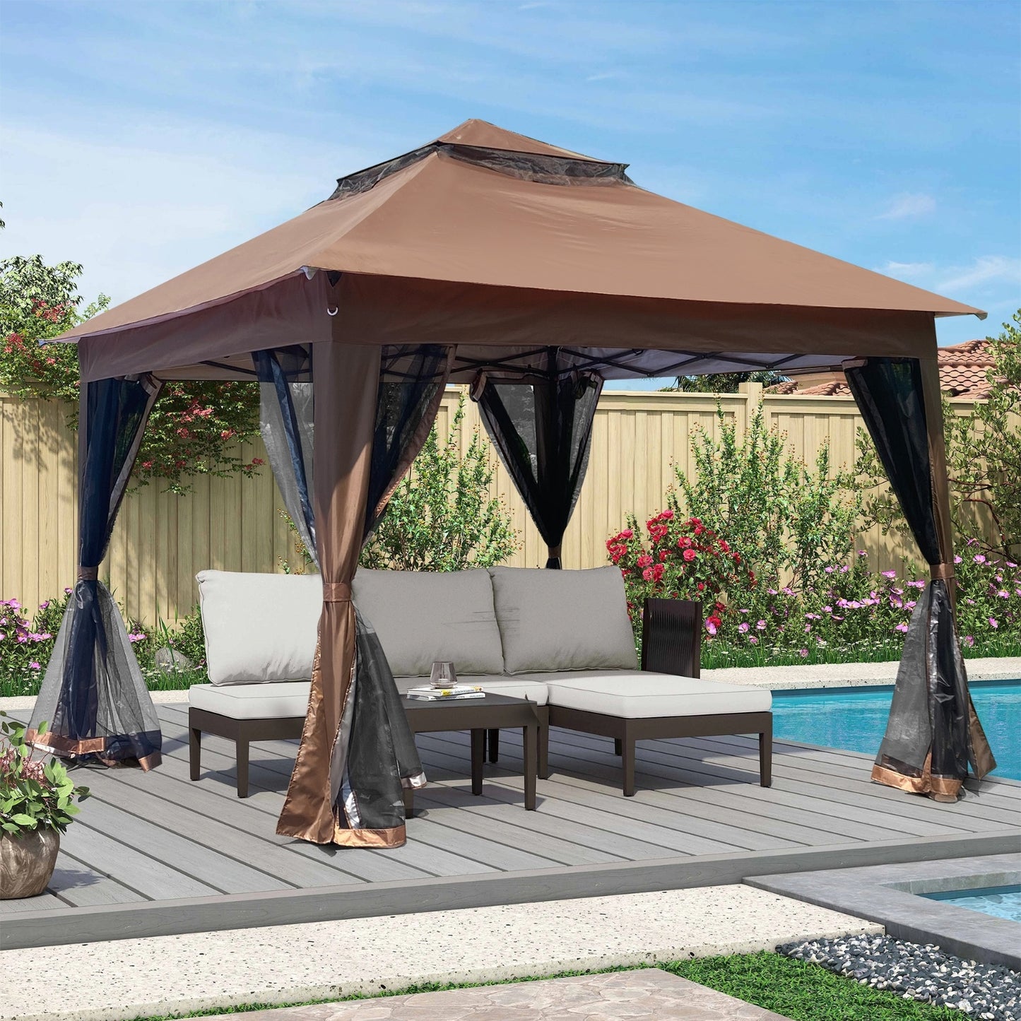 NEW Outdoor 11x11 Ft Up Gazebo Canopy With Zipper Netting, 2-Tier Soft Top Tent