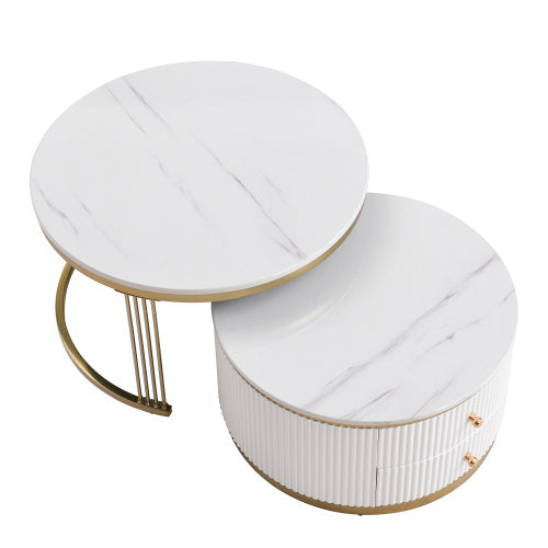 NEW Modern 2-piece White Circular Nested Coffee Table With Drawers, 27.6 Inches