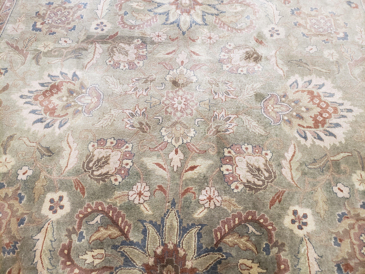 USED Vintage Indo Mahal Area Rug 9x12, Wool Hand-Knotted Laurel Green & Auburn Indian Carpet, 9 x 12 Floral Carpet, Living Room Rug