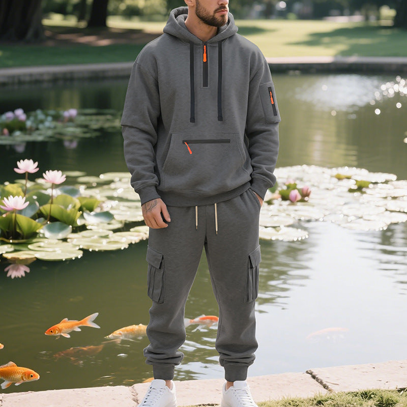 New Men's Loose Sports And Leisure Suit Sweater Fleece-lined Hoodie Set Zipper Multi-Pocket Pullover Men's Sports Casual Top Two-piece Set