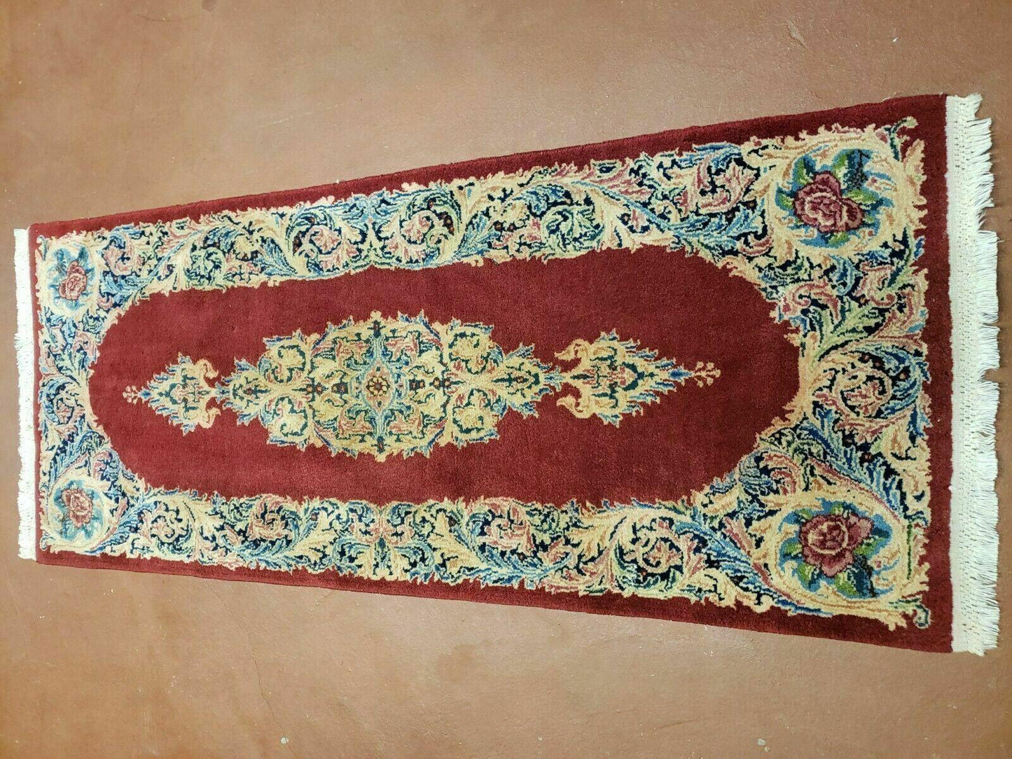 USED Small Persian Kirman Rug 2x4, Wool Oriental Vintage Handmade Carpet, Hand Knotted Floral Medallion, Red & Beige, Semi Open Field