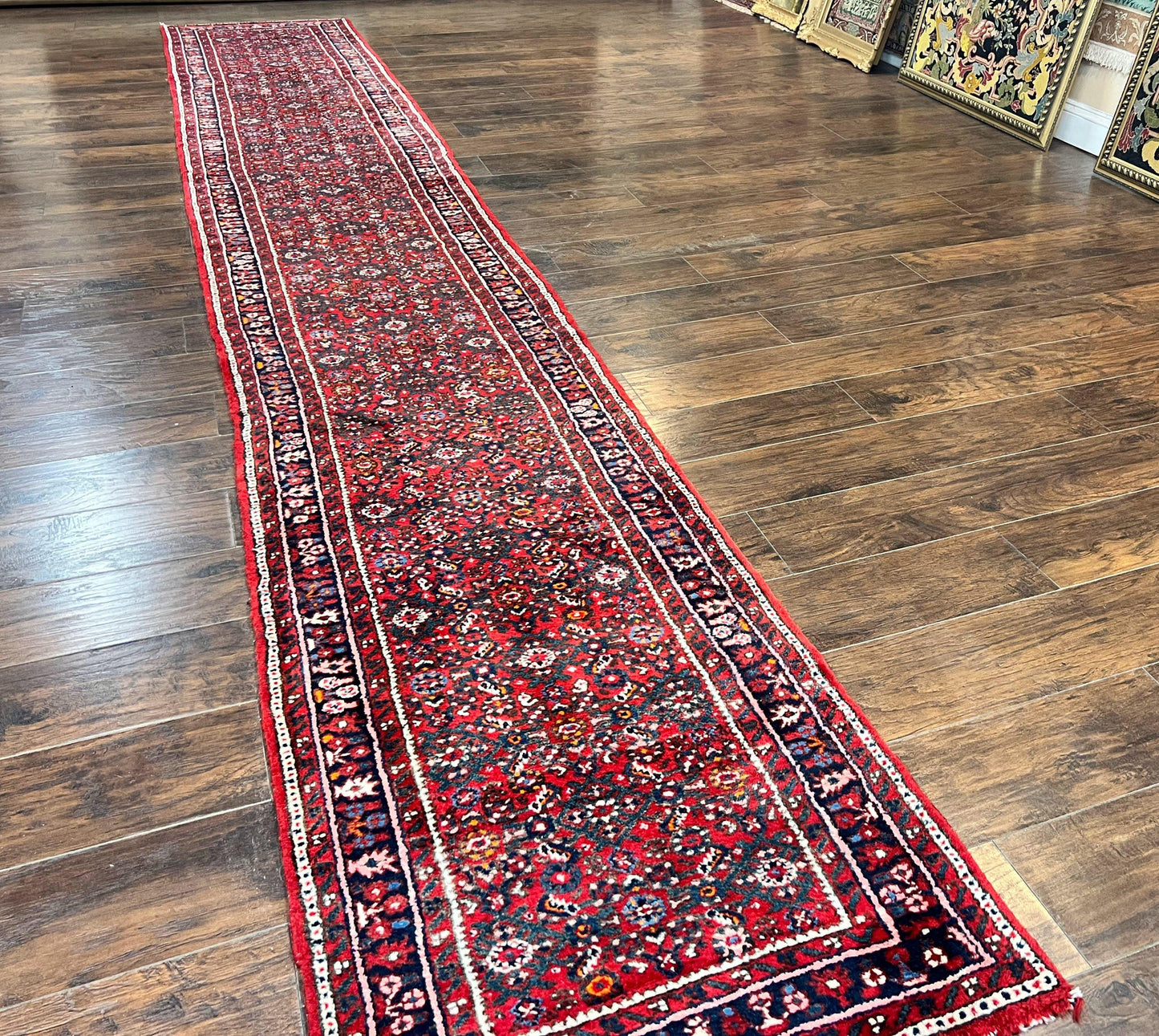 USED Long Persian Runner Rug 2.9 x 17, Red Handmade Wool Rug for Hallway, Antique Persian Carpet, 17ft Runner, Persian Hamadan Dargazine Rug