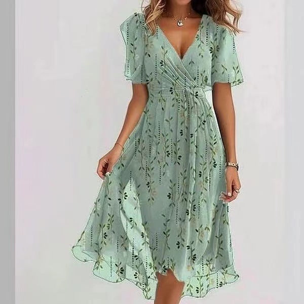 New Chiffon Printed Short Sleeve Dress Summer Elegant V-neck Dresses Womens Clothing