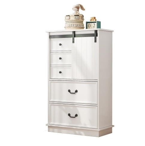 NEW 51'' Farmhouse Drawer Chest With Sliding Door, Multi-Storage Drawer Dresser With 5 Drawers And Storage Shelf, Tall Chest Of Drawers With Adjustable Shelves For Bedroom, Living Room