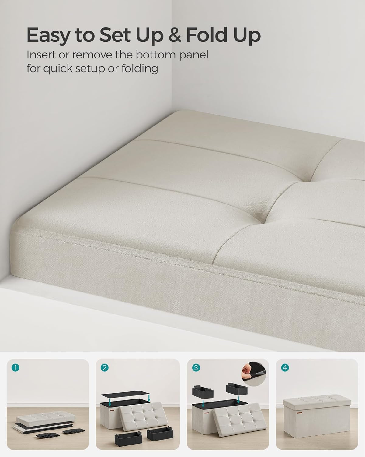 NEW Cream White Foldable Storage Ottoman Bench 15x30x15