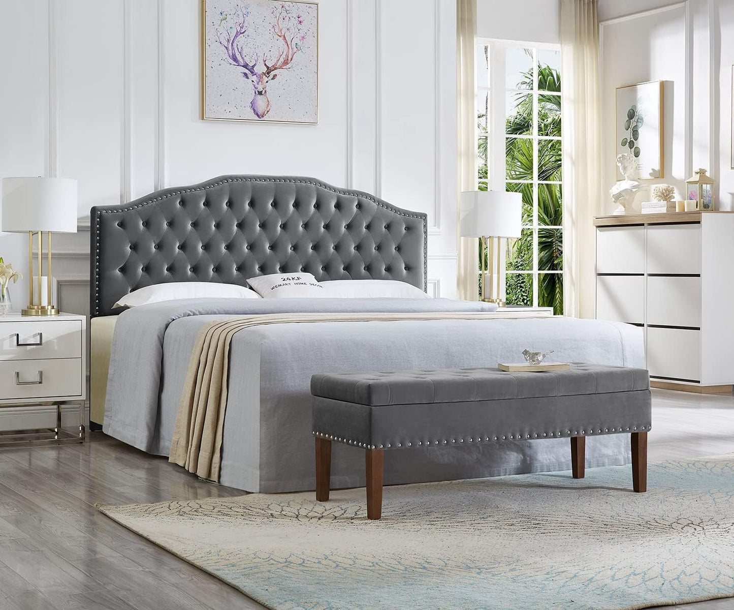 NEW Upholstered Tufted King Size Headboard with Nailhead Trim