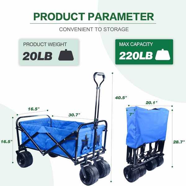 NEW Foldable Heavy Duty 220lb ATV Outdoor Folding Universal Wheel Adjustable Handle Shopping Blue Wagon Cart