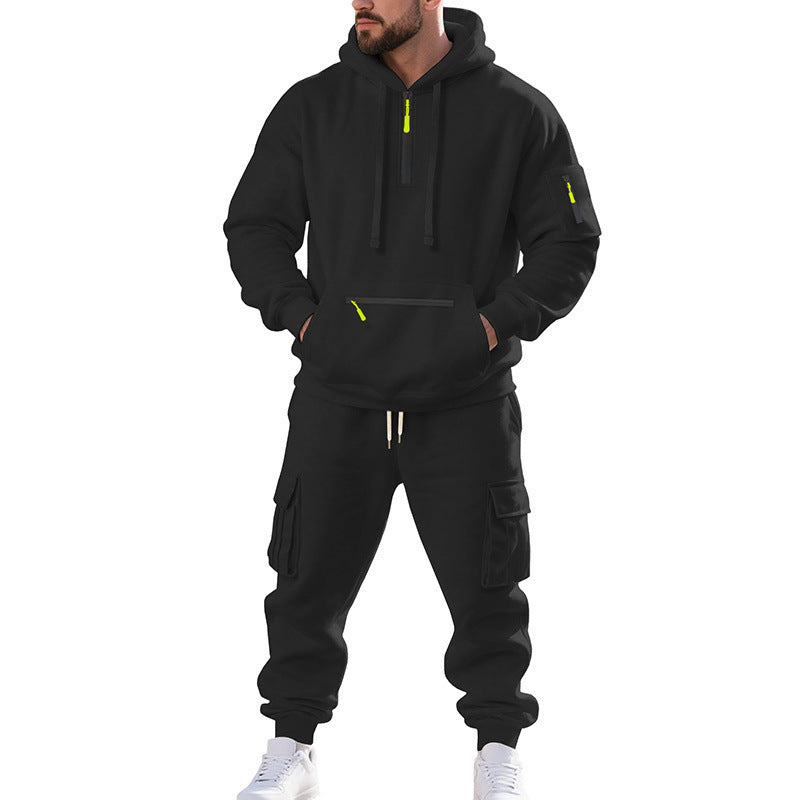 New Men's Loose Sports And Leisure Suit Sweater Fleece-lined Hoodie Set Zipper Multi-Pocket Pullover Men's Sports Casual Top Two-piece Set