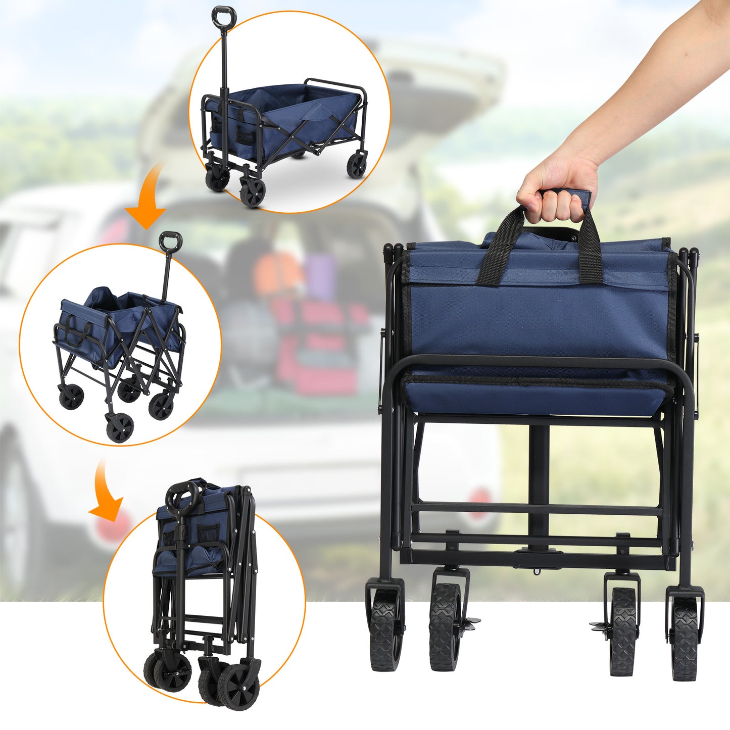 NEW 220 lb Blue Fabric Black Frame 600D Oxford Cloth Steel Frame Small Wheels Garden Folding Cart