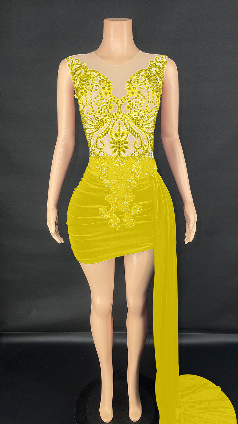 New Summer Luxury Evening Dress Female Singer Stage Costume Senior Dress Side Trailing Skirt