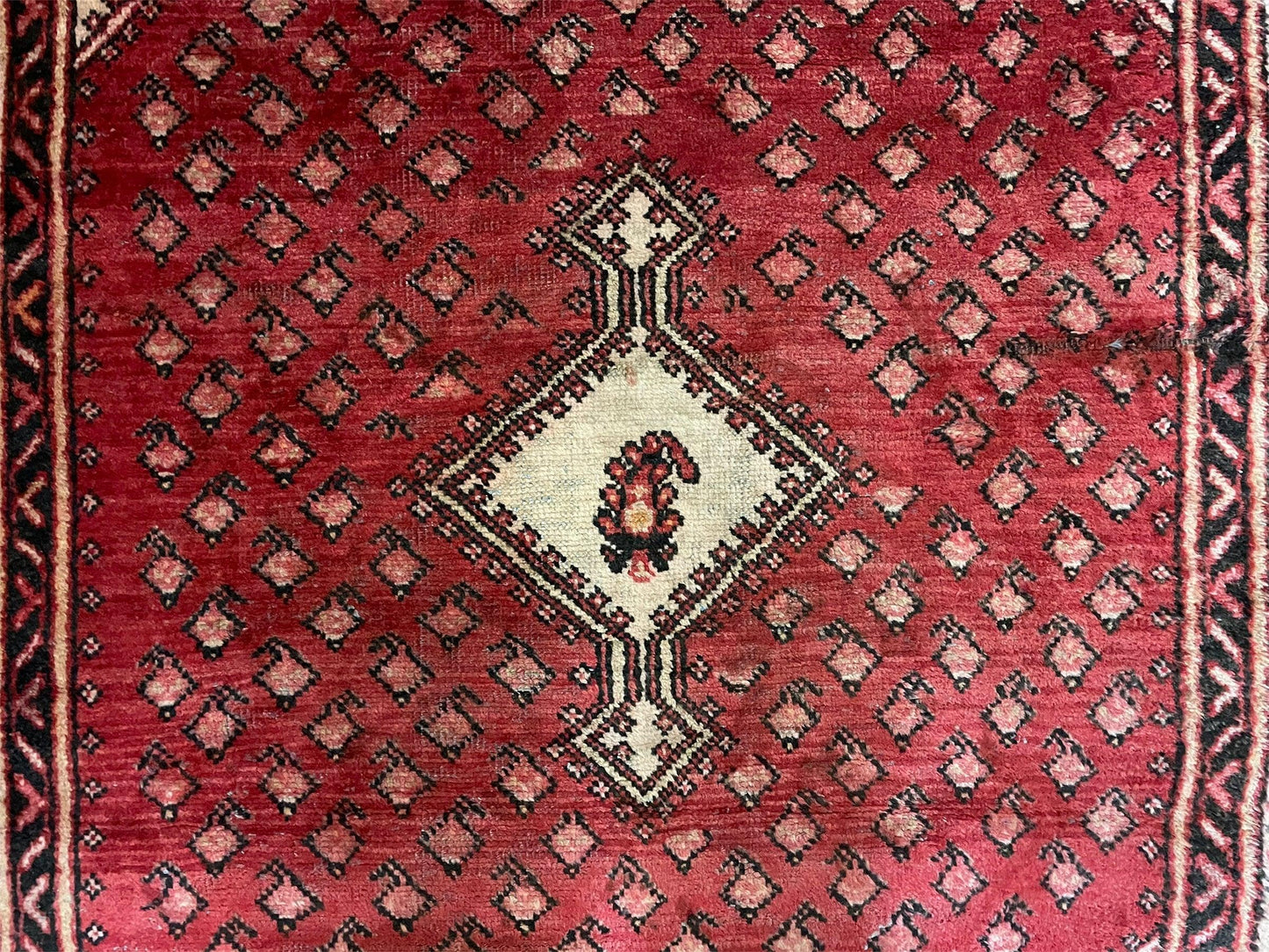 USED 4 X 6.5 Antique Handmade Wool Rug Paisley Boteh Design Tribal Rug Red Ivory