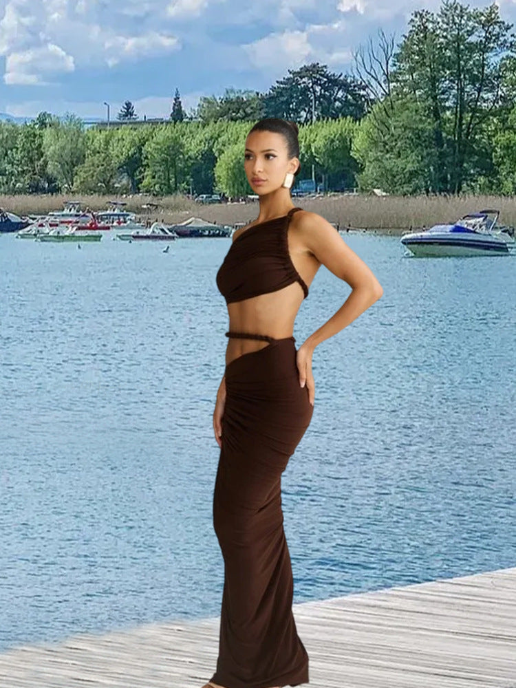 New Diagonal Collar Sling Women's Sleeveless Sheath Midriff Outfit Backless Dress