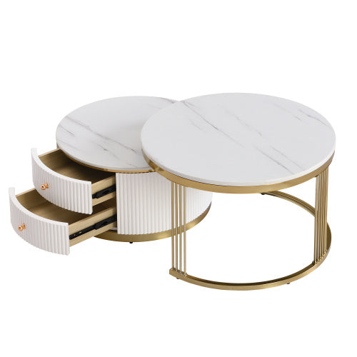 NEW Modern 2-piece White Circular Nested Coffee Table With Drawers, 27.6 Inches