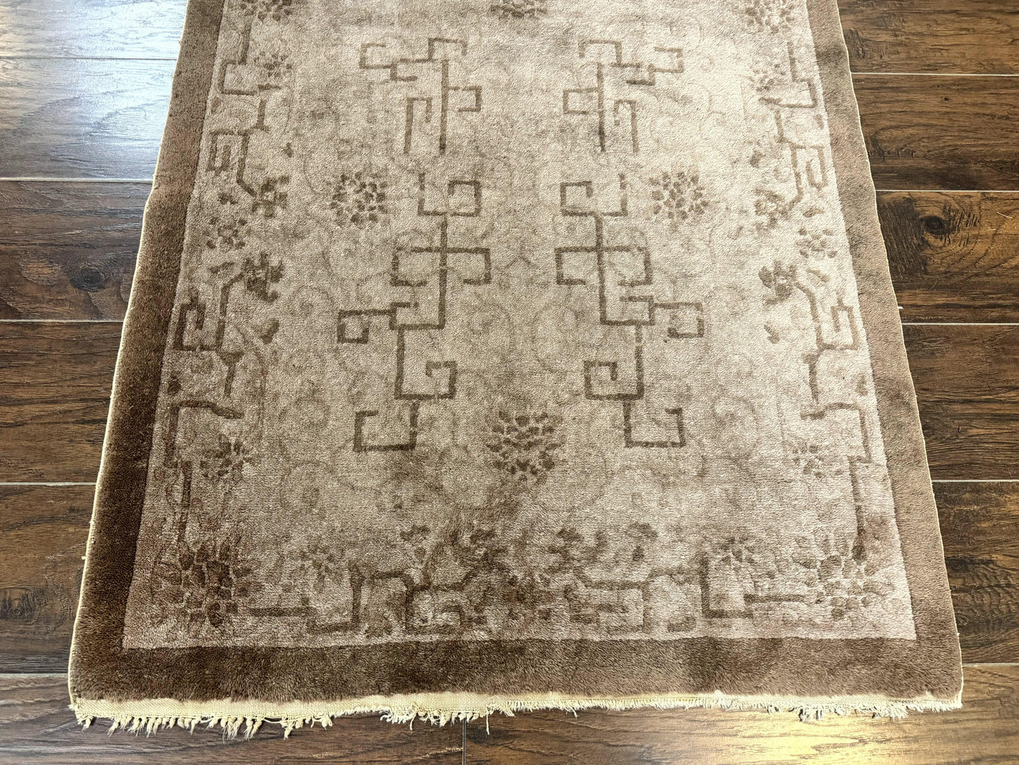USED Antique Chinese Fette Rug 3x6, Taupe, Handmade Wool Chinese Carpet