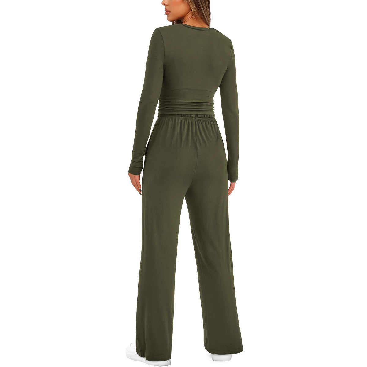 New 2 Pieces Women's Suit Autumn Winte Long Sleeve Tops High Waisted Wide Leg Pants Sportswear Female Clothes Solid Color Casual Suit