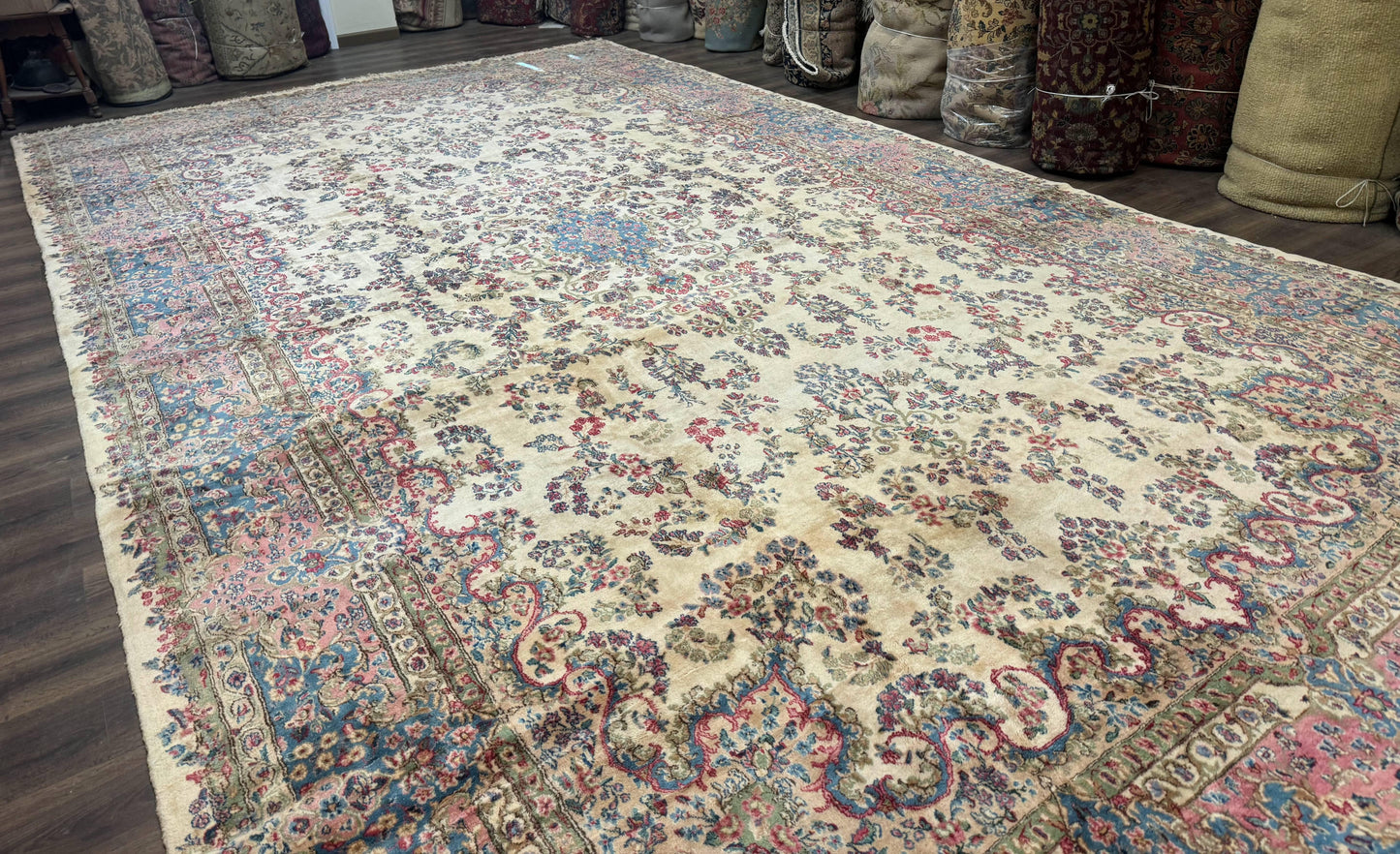 USED Palace Size Persian Kerman Rug 11x20 ft, Very Fine 340 KPSI, Vintage Oversized Wool Handmade Large Persian Carpet, Beige Light Blue Pink