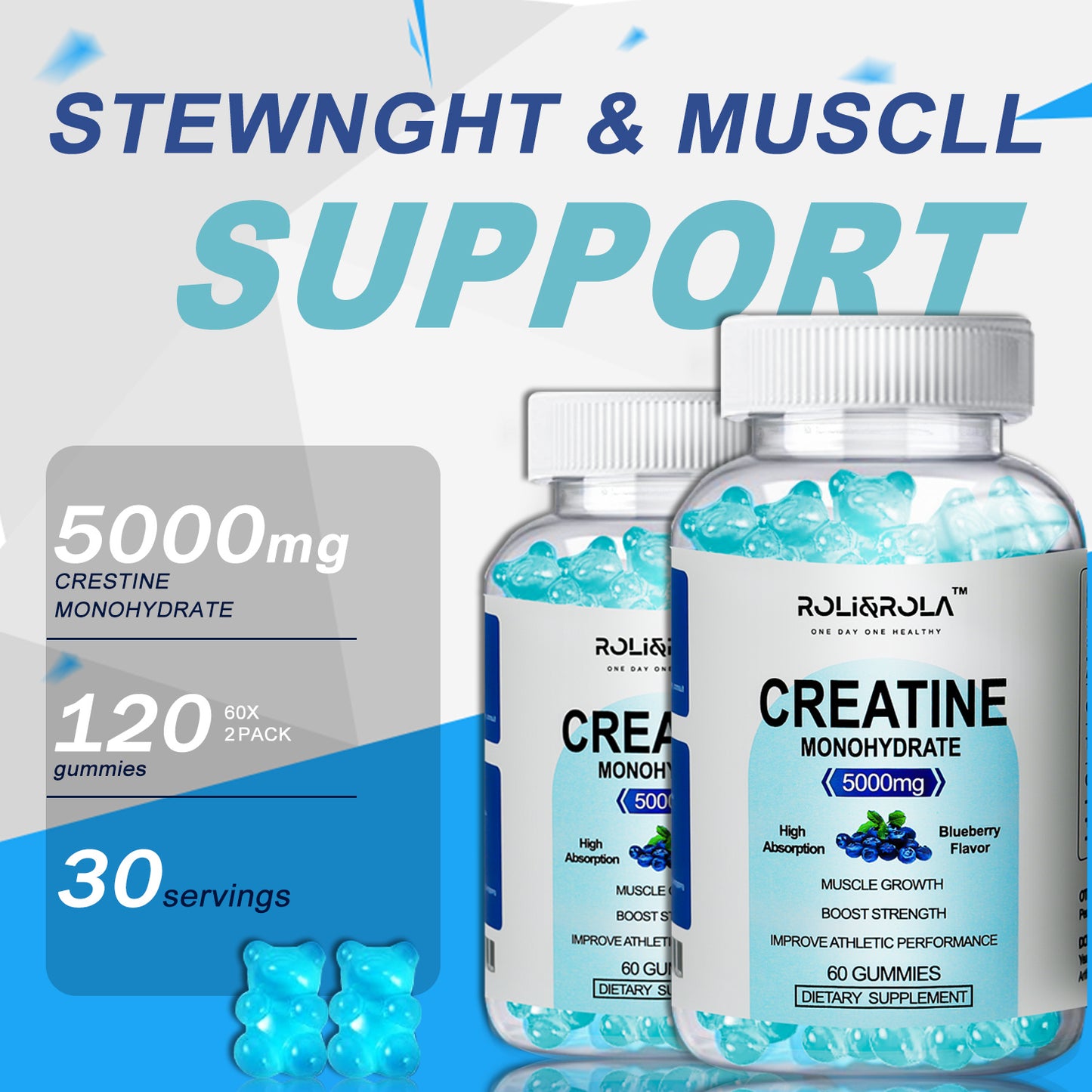 NEW High Strength Creatine Monohydrate Gummies, Blueberry Flavored Creatine Gummies Monohydrate - 60 Gummies X 2 Bottles