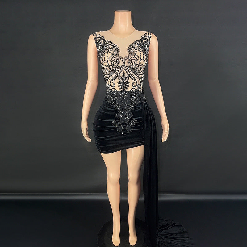 New Summer Luxury Evening Dress Female Singer Stage Costume Senior Dress Side Trailing Skirt