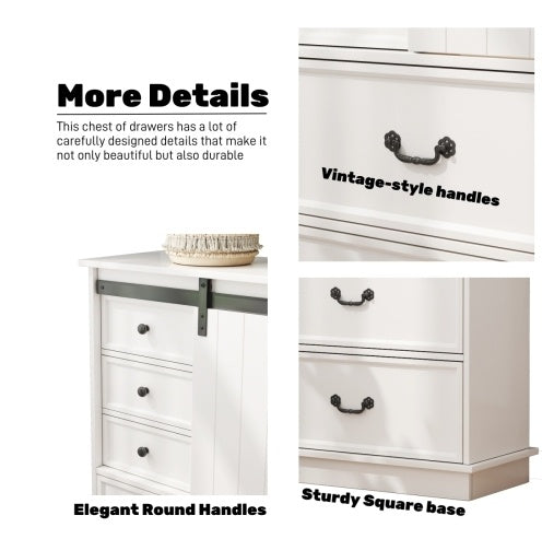 NEW 51'' Farmhouse Drawer Chest With Sliding Door, Multi-Storage Drawer Dresser With 5 Drawers And Storage Shelf, Tall Chest Of Drawers With Adjustable Shelves For Bedroom, Living Room