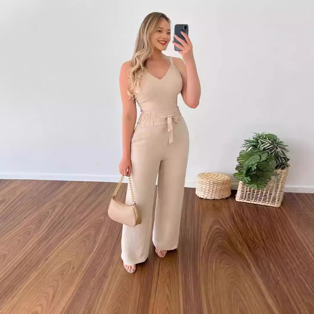 NEW Women's Solid Color Slim Elastic Pleated Two-Piece Suit Sexy Spaghetti Strap V-neck Backless Vest High Waist Wide Leg Pants Suit