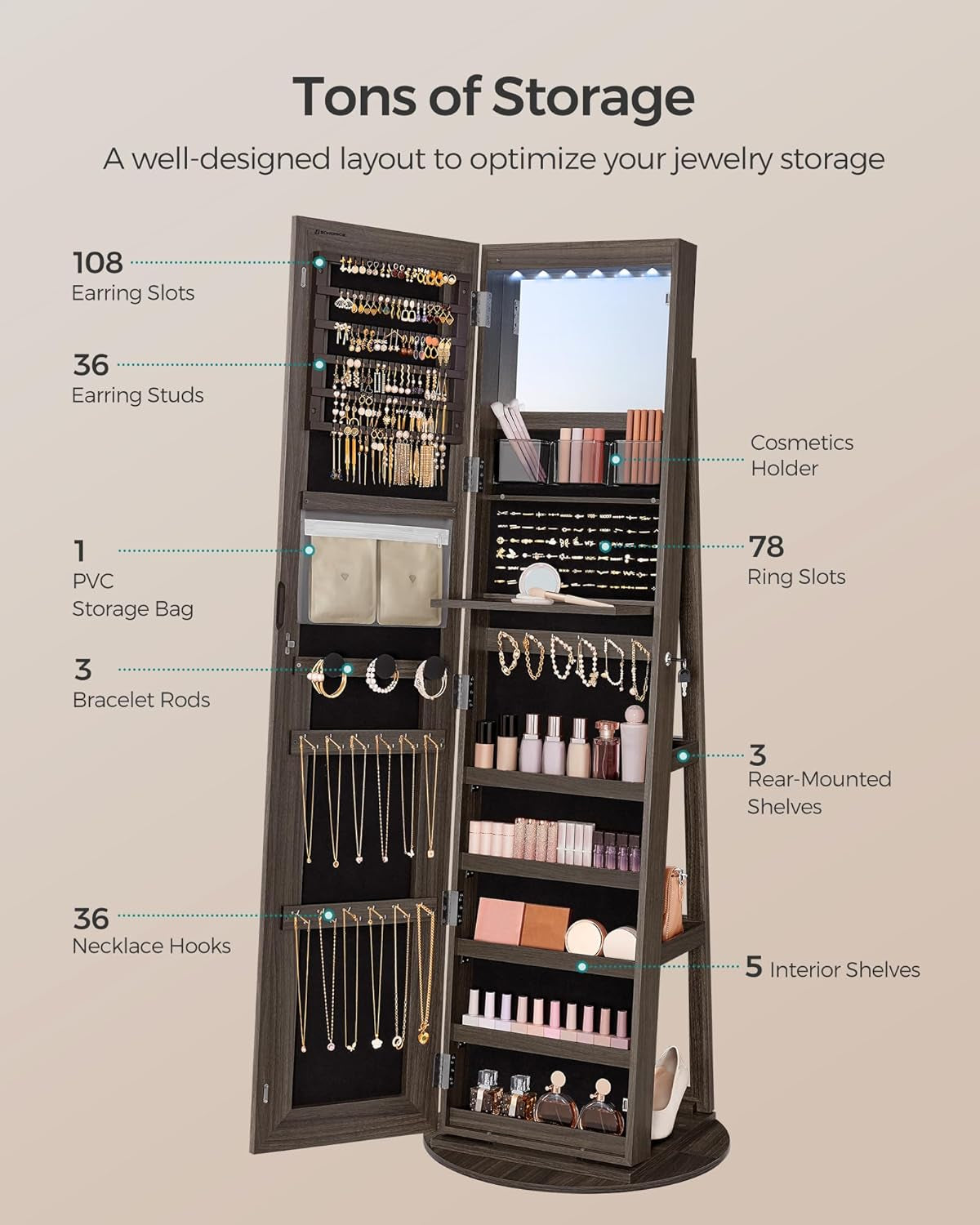 NEW Ash Brown Lockable LED Full Length Mirror Jewelry Cabinet