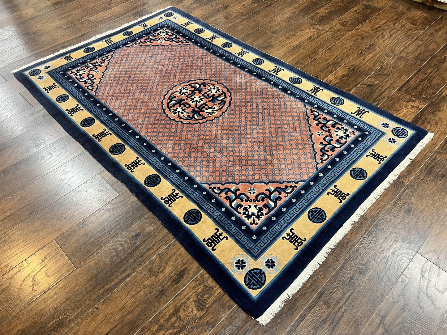 USED Chinese Peking Rug 5x8, Vintage Semi Antique Chinese Art Deco Carpet, Wool Pile Light Red/Salmon Gold Navy Blue, Handmade Asian Oriental Rug