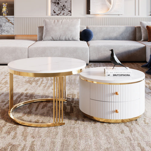NEW Modern 2-piece White Circular Nested Coffee Table With Drawers, 27.6 Inches