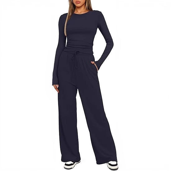 New 2 Pieces Women's Suit Autumn Winte Long Sleeve Tops High Waisted Wide Leg Pants Sportswear Female Clothes Solid Color Casual Suit
