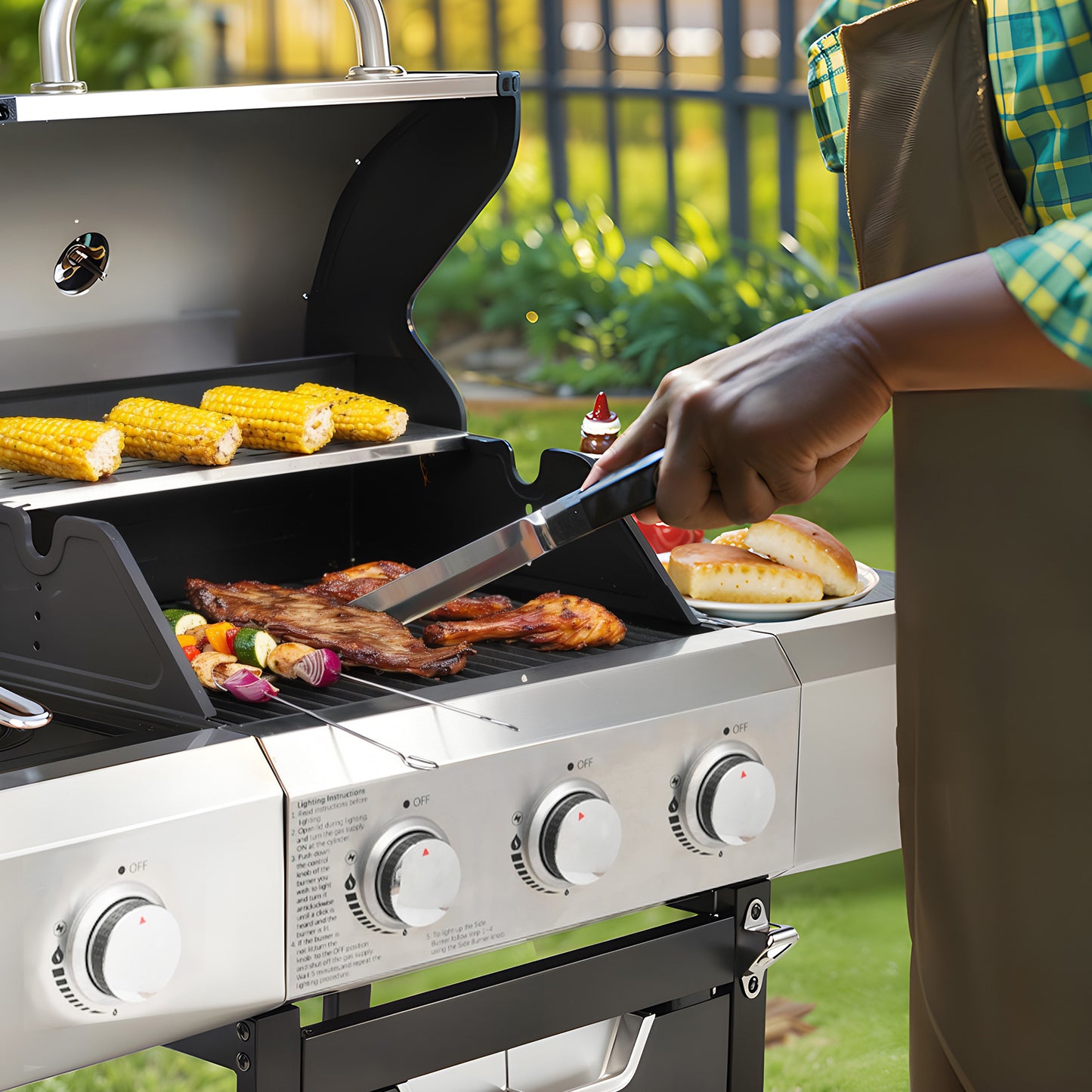 NEW Outdoor BBQ Burner Grill Stainless Steel Gas Grill With Side Stove And Lid