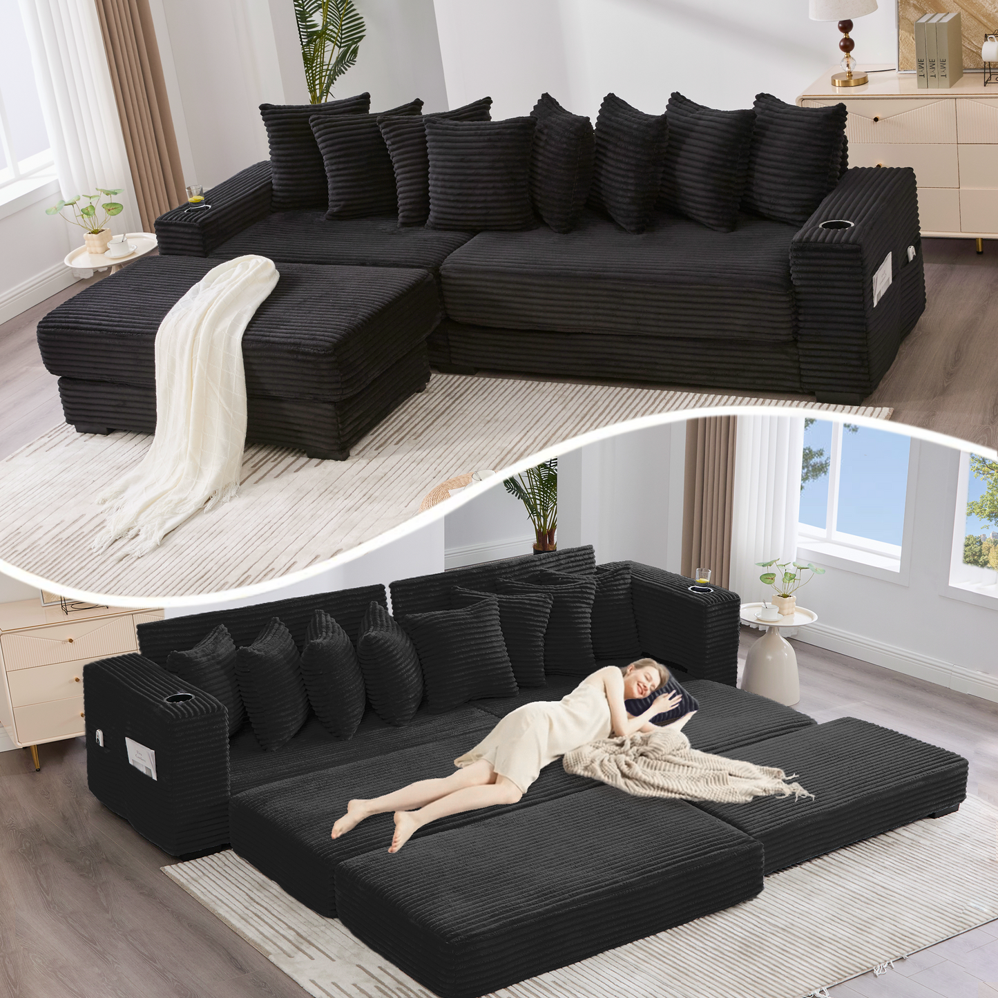 NEW Modular L Shaped Black Corduroy Fabric Sectional Sofa Couch