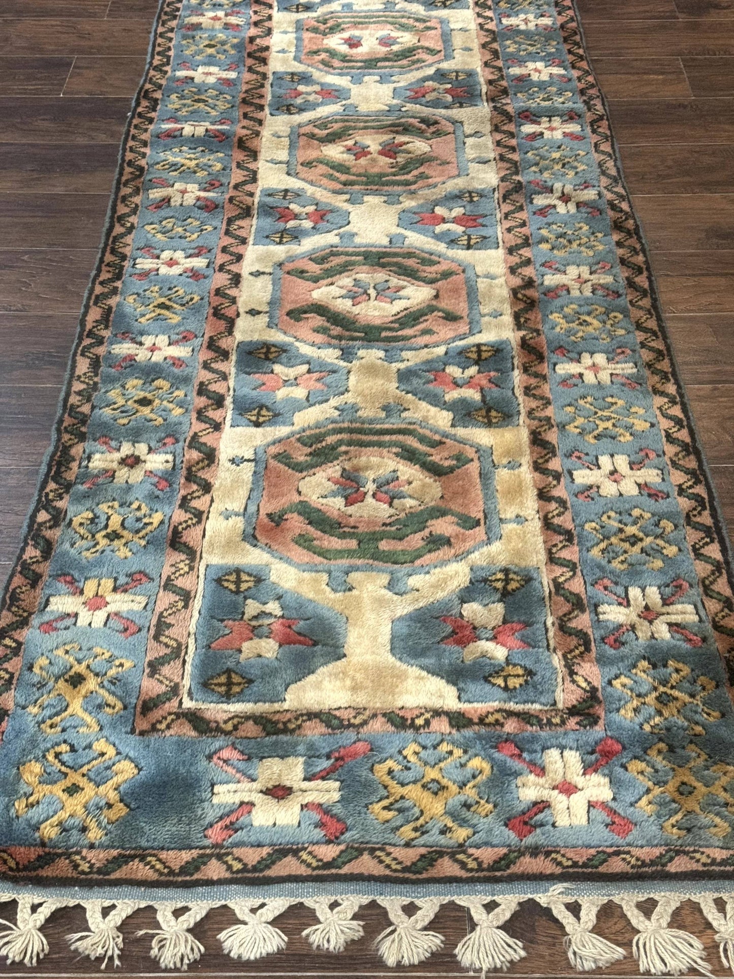 USED Turkish Kazak Runner Rug 3x11, Cream and Light Blue, Vintage