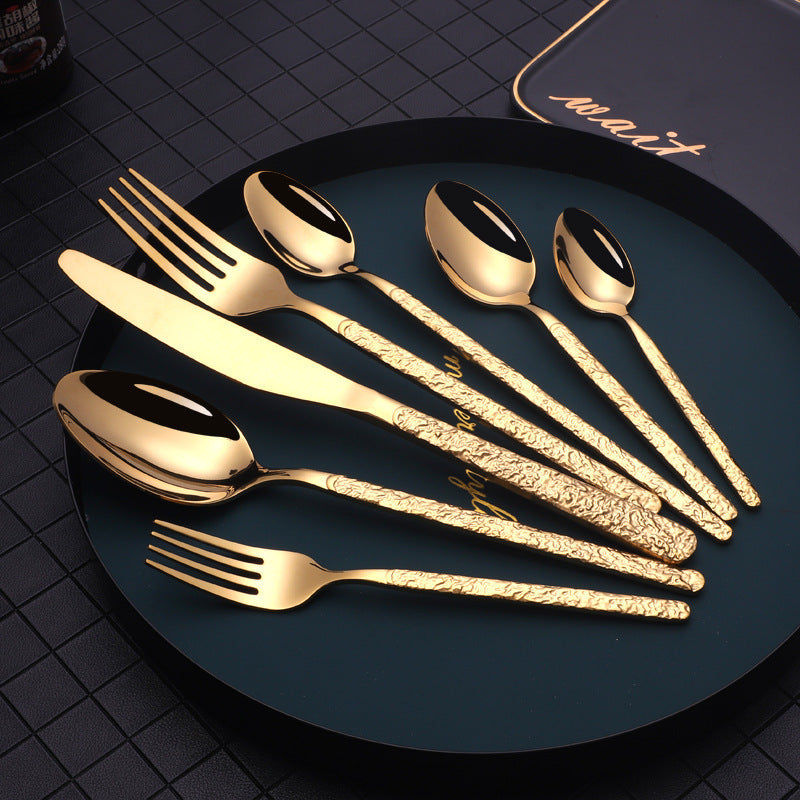 NEW Embossed Black Rose Gold Textured Handle Steak Western Spoon Knife Fork Dinnerware Tableware Set