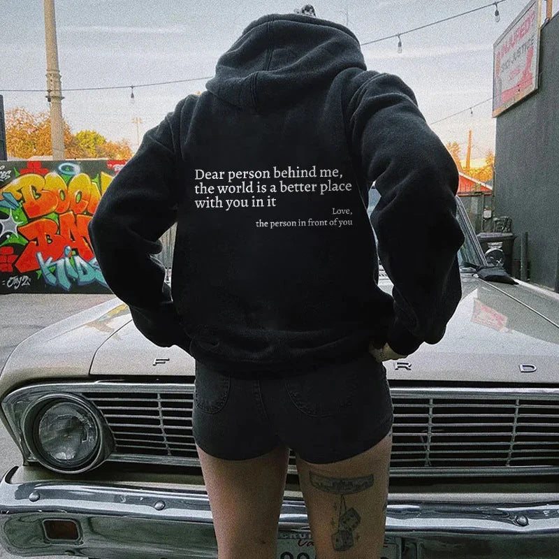 New Dear Person Behind Me,the World Is A Better Place,with You In It,love,the Person In Front Of You,Women's Plush Letter Printed Kangaroo Pocket Drawstring Printed Hoodie Unisex Trendy Hoodies