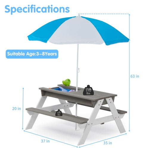 NEW Kids 3-in-1 Children’s Outdoor Wooden Picnic Table With Umbrella