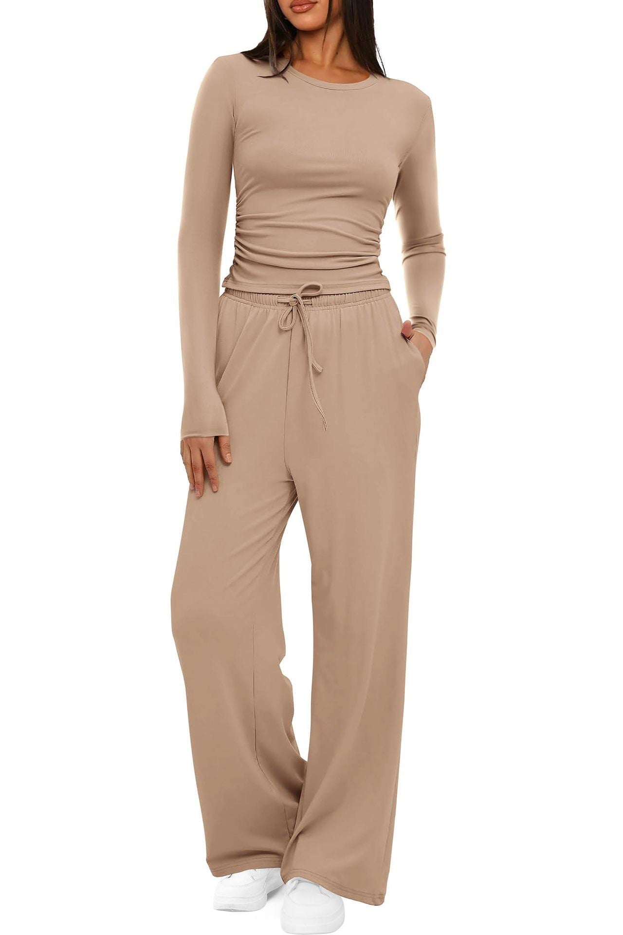 New 2 Pieces Women's Suit Autumn Winte Long Sleeve Tops High Waisted Wide Leg Pants Sportswear Female Clothes Solid Color Casual Suit