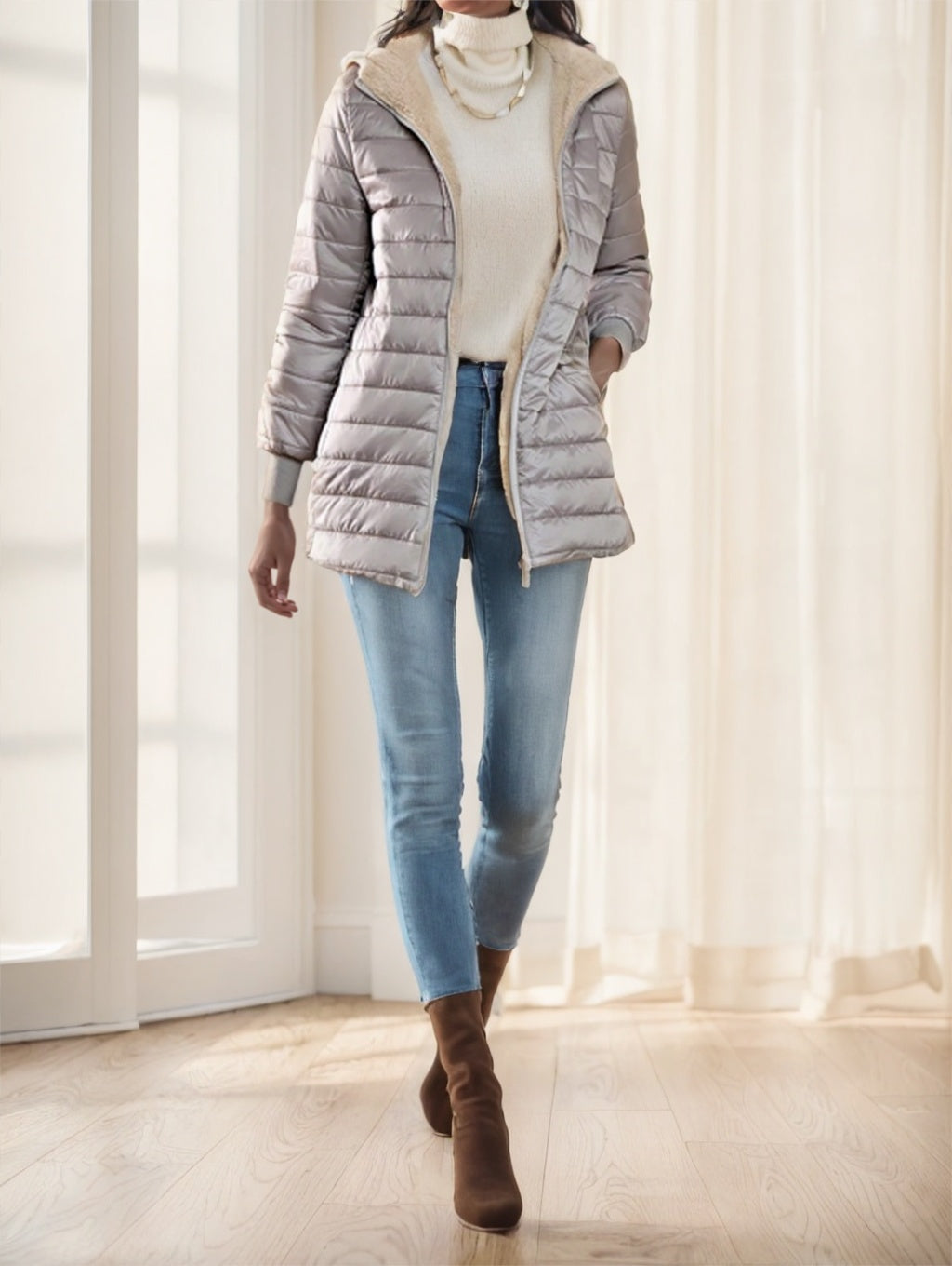 NEW Aveloria Modichic Casual Versatile Solid Color Fleece Hooded Padded Padded Coat