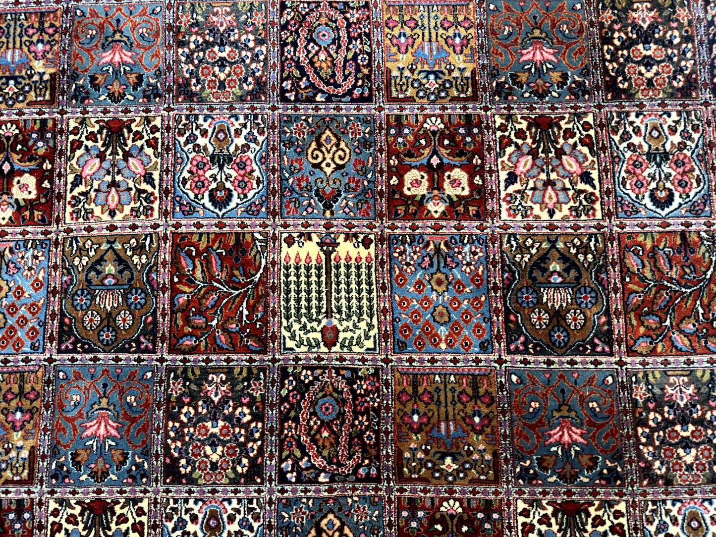USED Wonderful Persian Qum Rug 10x13, Panel Design, Fine 260 KPSI, Signed, Red Multicolor