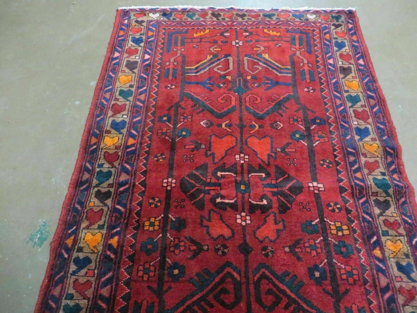 USED Antique Persian Hamadan Runner 3.4 x 9.7 - Wool, Red and Navy Blue