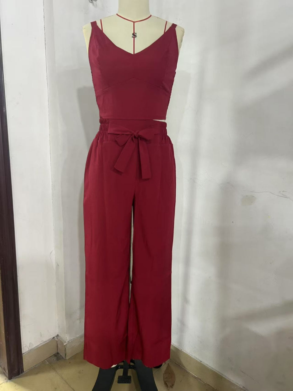 NEW Women's Solid Color Slim Elastic Pleated Two-Piece Suit Sexy Spaghetti Strap V-neck Backless Vest High Waist Wide Leg Pants Suit