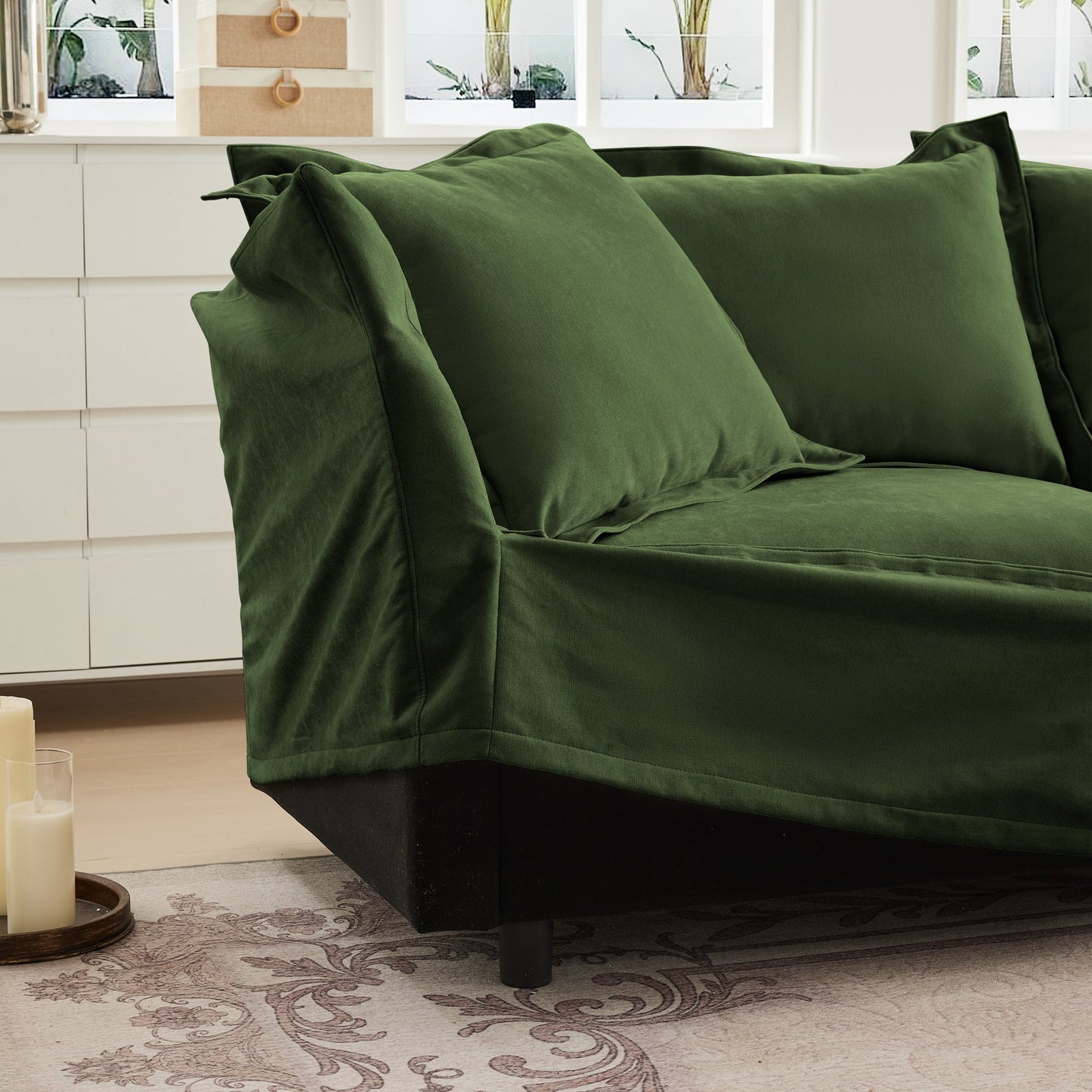 NEW Slip-covered Armchair with 1 Big Back Cushion and 2 Big Toss Pillows, Single Deep Seat Comfy Single Couch Sofa Multiple Large Soft Pillows, Chenille Fabric, Green