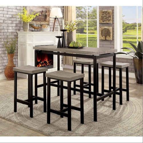 NEW 5 Pc Counter Height Table Set Two Tone Design Black Gray Dining Chairs Sturdy Metal Construction PVC Plastic Top Dining Room Furniture