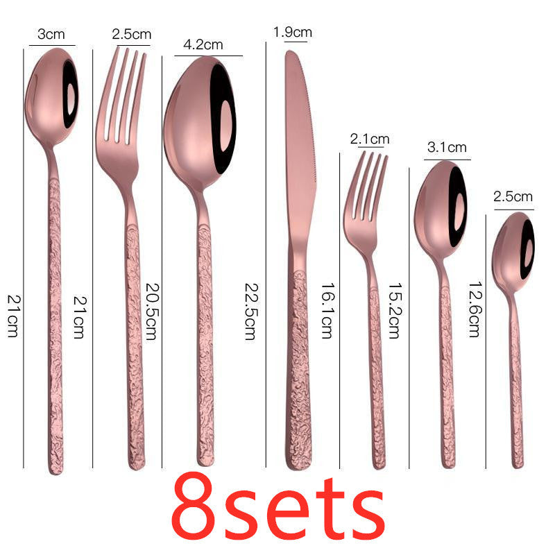 NEW Embossed Black Rose Gold Textured Handle Steak Western Spoon Knife Fork Dinnerware Tableware Set