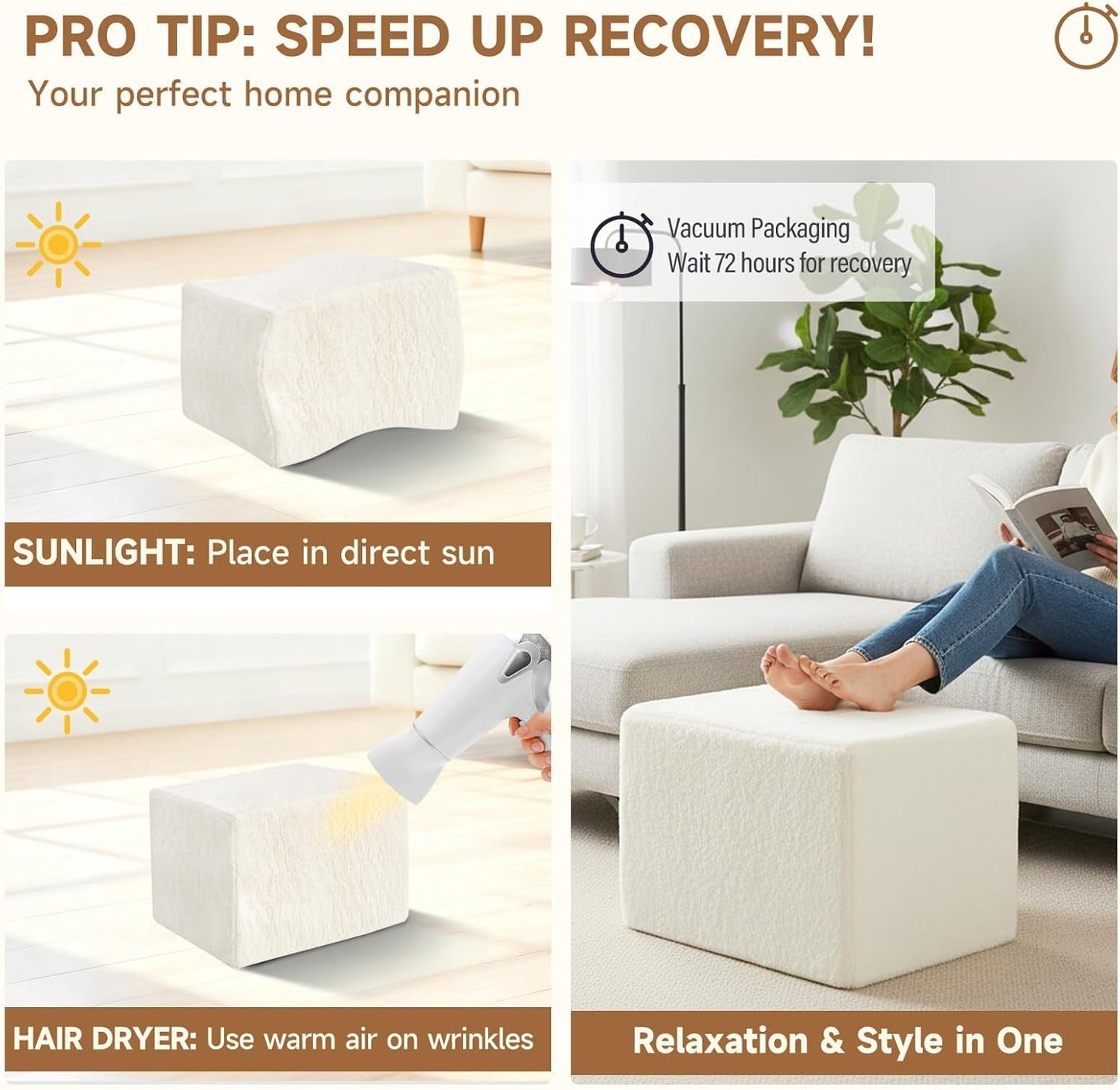 NEW Cream Square Luxurious Upholstered Foam Pouf Ottoman