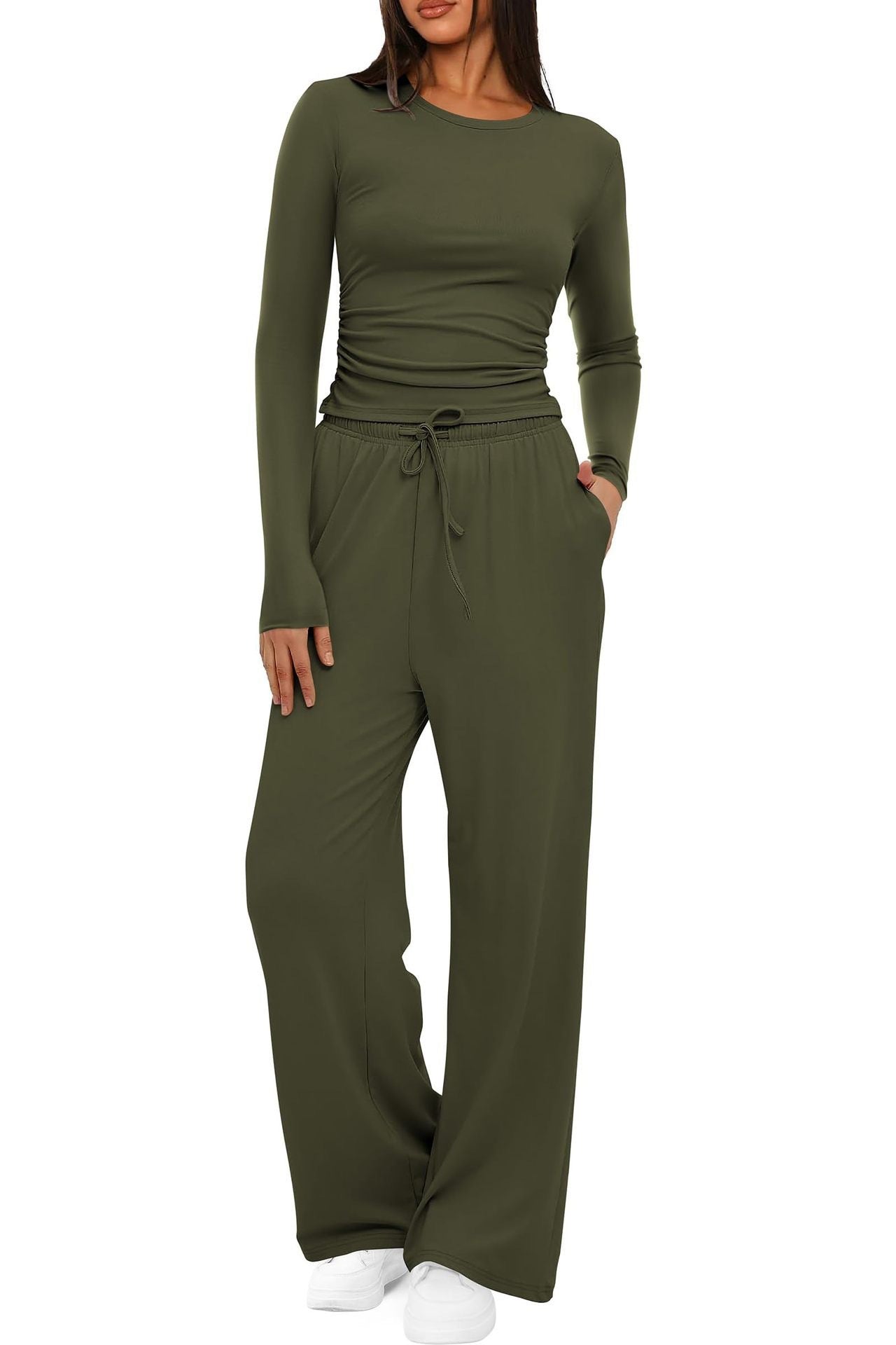 New 2 Pieces Women's Suit Autumn Winte Long Sleeve Tops High Waisted Wide Leg Pants Sportswear Female Clothes Solid Color Casual Suit