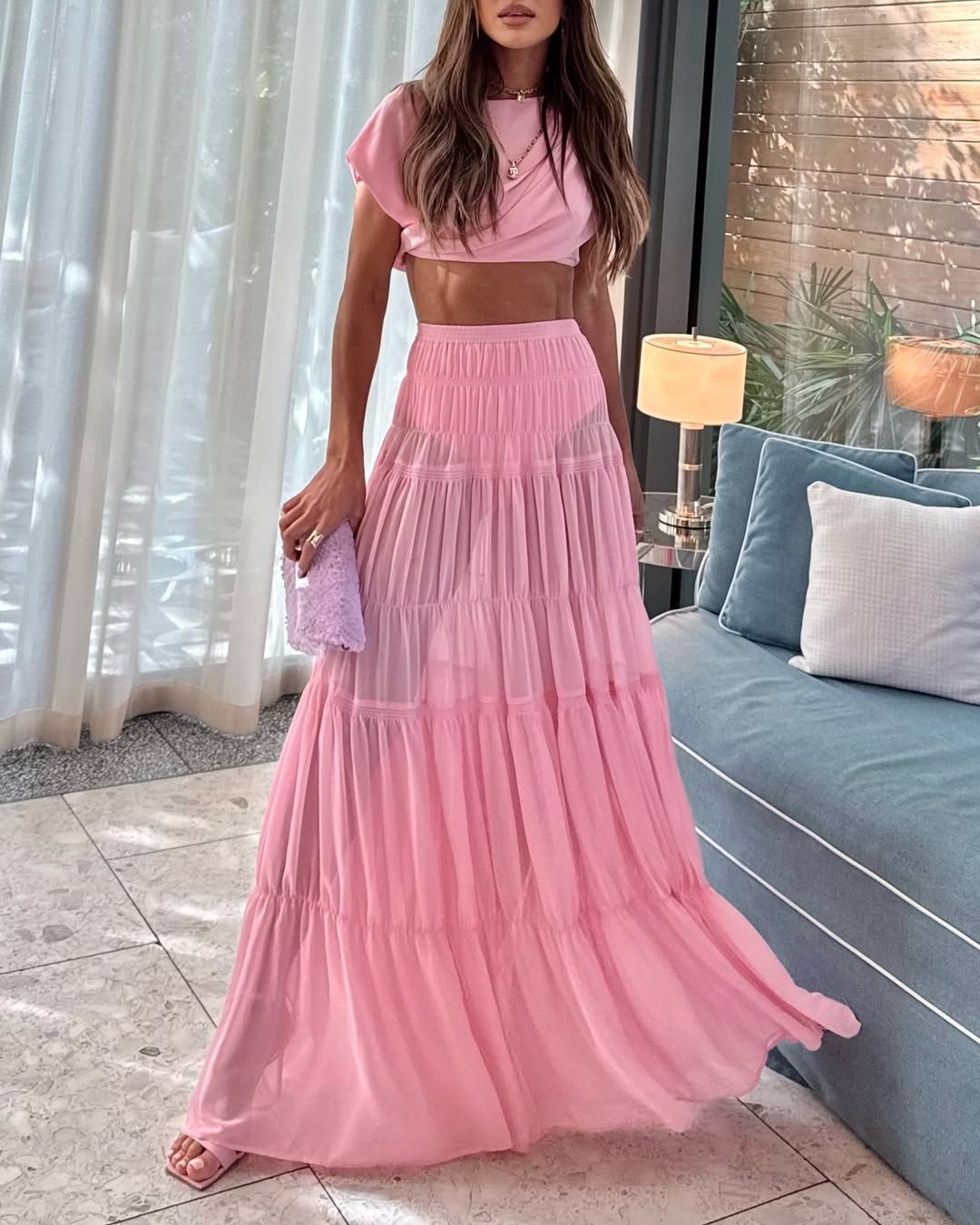 New Round Neck Pleated Jacket Patchwork Skirt Two-piece Suit