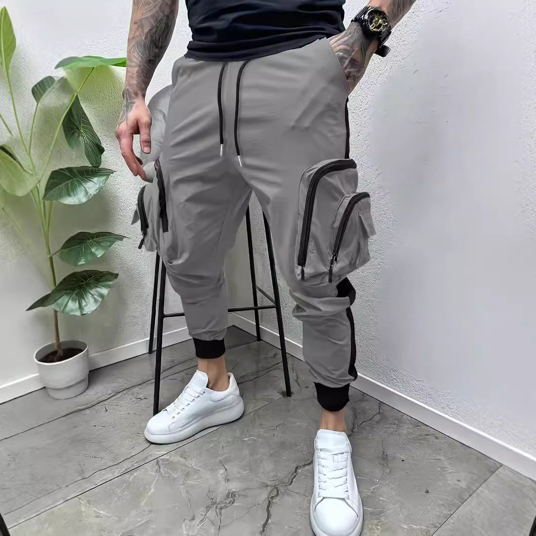 NEW Casual Zipper Multi-pocket Color Matching Tapered Overalls