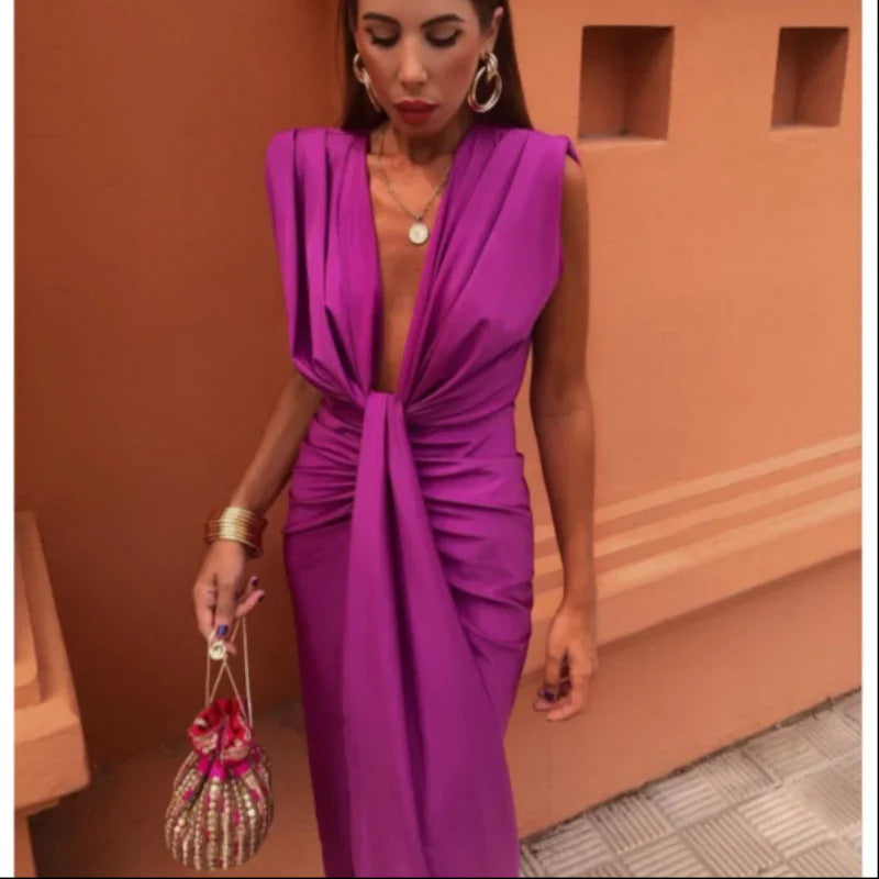 New Solid Color Lace High Waist V-neck Dress
