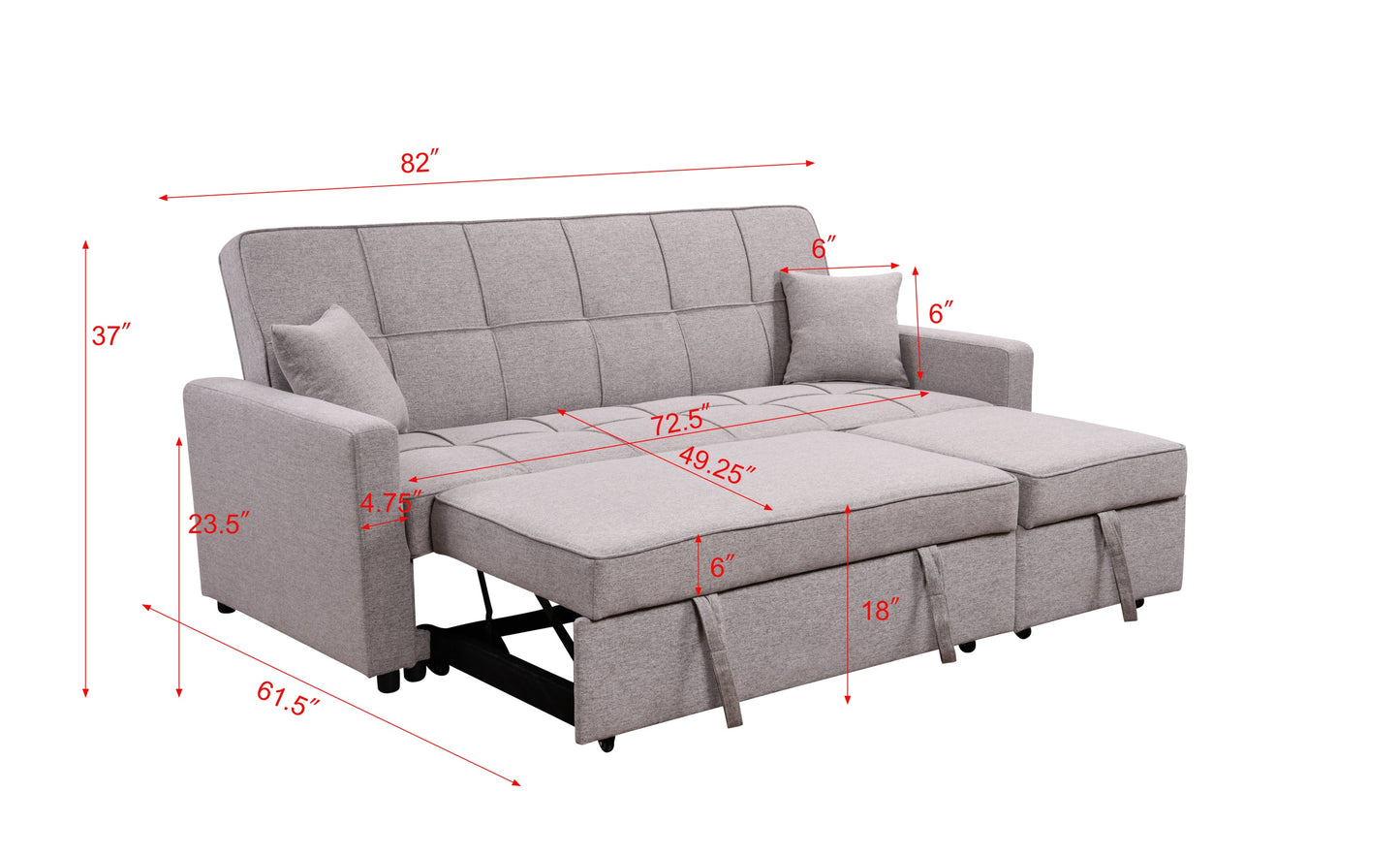 NEW 83' Light Gray 3 Seater Convertible Sofabed Oversized Upholstered Sofa Bed with Pull Out Couch Bed & Adjustable Backrest