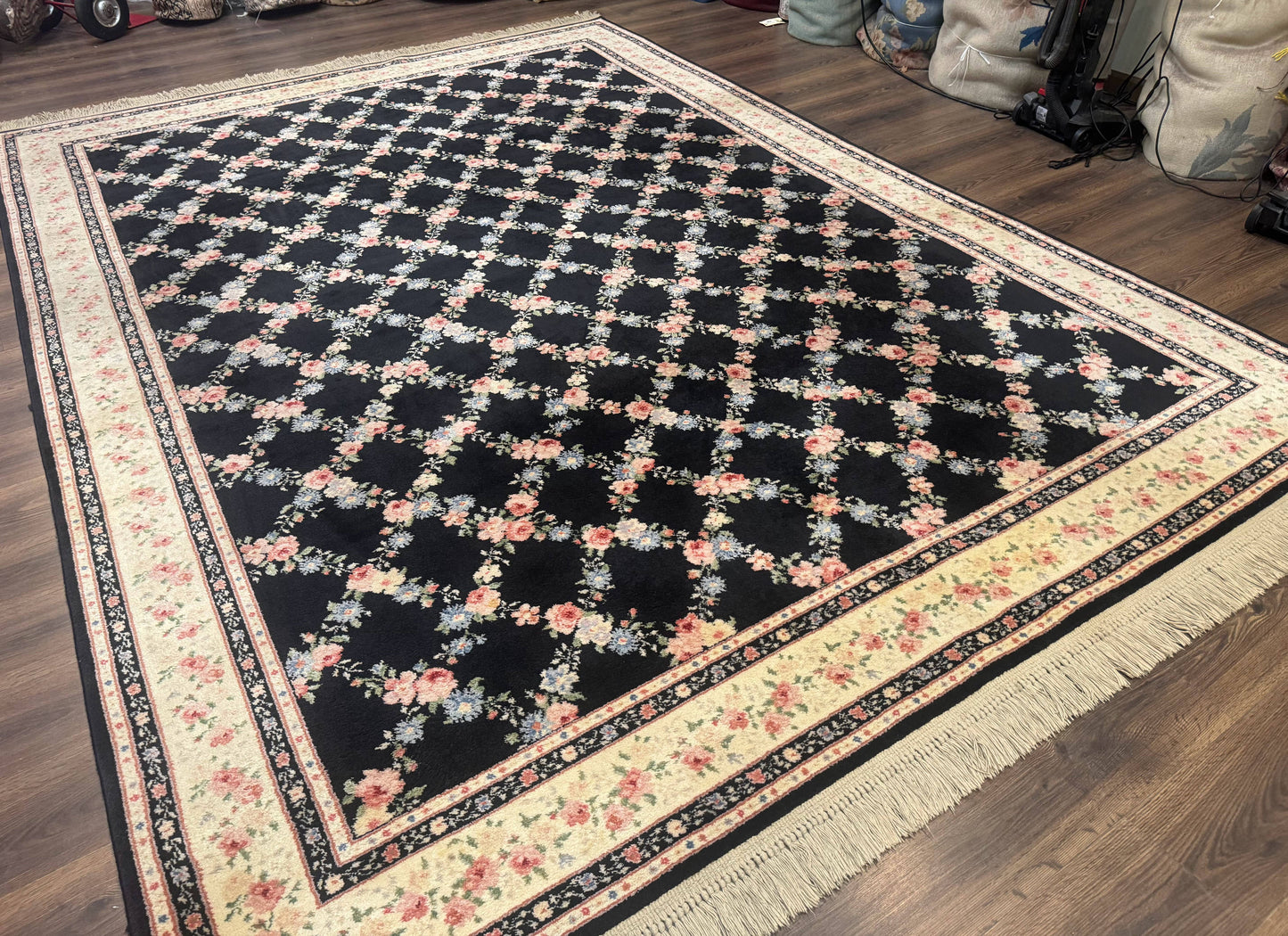 USED 8.8 x 12 Karastan Garden of Eden Rug, Ebony Trellis #509/1270, Black, Floral, Wool Pile, Vintage, Discontinued